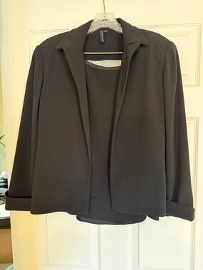 Women's Suit Black Open-Front Blazer Jacket - Classic Collar and Skirt